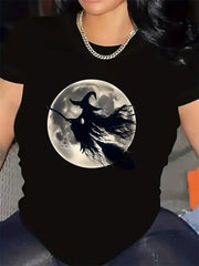 Halloween Witch Moon Graphic Short Sleeve T‑Shirt, Crew Neck Spooky Witch On Broomstick Print Casual Fall Tee