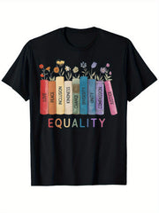 Equality Diversity Inclusion Books T-Shirt Inspirational Teacher Librarian Pride Floral Graphic Tee Top, Black
