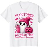Women's Breast Cancer Awareness T-Shirt, Casual Halloween "In October We Wear Pink" Ghost Graphic Tee Women Clothing,Suitable for daily wear