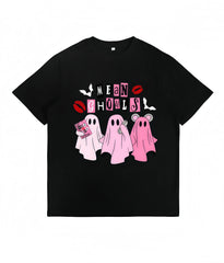 Mean Ghouls Halloween Unisex T‑Shirt, Cute Pink Ghost Bat Graphic Print, Vintage Streetwear Loose Fit Crewneck Short Sleeve,Women Halloween T shirts