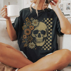 Boho Skull Graphic Tee, Vintage Tshirt, Retro Boho Summerween T-Shirt, Cute Spooky Halloween Tee, Spooky Summer T-Shirt