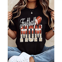 Women's Cotton Casual Short-Sleeve Football Mom Leopard Print T-Shirt - Breathable Style, Round Neck, Oversized Gym Fashion Top, Game Day Fall Essential