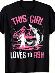 Unisex This Girl Loves to Fish Graphic T‑Shirt, Women Fisherwoman Trout Mountain Lake Outdoor Fishing Short‑Sleeve Crew‑Neck Casual Hobby Tee