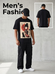 Men's Anime Samurai Girl & Katana Cat Graphic T Shirt Japanese Manga Tee