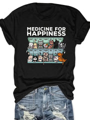 Medicine For Happiness T-Shirt Funny Cat Lover Weekly Pill Organizer Cats Graphic Short Sleeve Tee