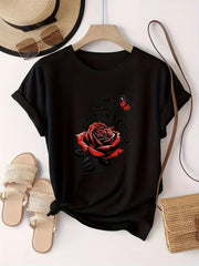 Rose Butterfly Print Short Sleeve Tee Trendy Fashion Crew Neck Casual Top