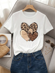 Women's Leopard Print Heart Graphic T-Shirt Casual Short Sleeve Round Neck Top