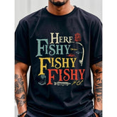 "Here Fishy Fishy" Graphic TShirt Crew Neck Tee with Colorful Fishing Design