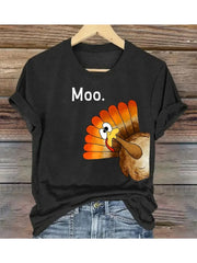 Funny Thanksgiving Turkey Moo Farm Animal Print Short Sleeve Tee Unisex Crew Neck Top