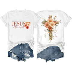 Floral Cross Print Cotton Fitted Tee Christian Faith Crew Neck Short Sleeve