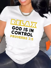 Relax God Is In Control Proverbs 3:5 Women's Graphic T‑Shirt, Christian Faith Inspirational Short‑Sleeve Crew Neck Casual Tee Tops