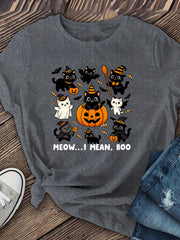 "Cat Halloween" Halloween Print T-shirt, Round-neck T-shirt, Women's Clothing, Summer T-shirt Top, Casual Loose Short-sleeved