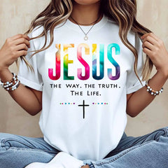 100% Cotton Jesus The Way The Truth The Life Cross Print T Shirt White Casual Loose Fit For Everyday Wear And Outdoor Activities
