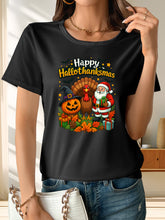 Women's Cute Holiday Graphic Tee Halloween Thanksgiving Christmas Shirt, Pumpkin Turkey Santa Print Casual Fall Winter Short Sleeve Top