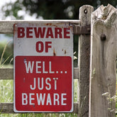 Vintage Metal Wall Sign - Funny Warning Decor with "Beware of Just Beware" Phrase - Rustic Red & White Retro Tin Art Poster - Heavy-Duty Iron Construction - Pre-Drilled Holes for Easy Hanging