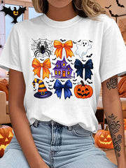 Halloween Coquette Bow Graphic T-Shirt, Spider Ghost Pumpkin Haunted House Short Sleeve Crewneck Tee