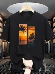Beach Sunset Palm Tree Print Short Sleeve Tee Breathable Crew Neck Summer Top