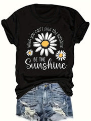 Sunshine-Shirt Men's 'Be the Sunshine' Daisy & 'Be the Sunshine' Lettering Retro T-Shirt - Soft Round Neck Casual Tee with Black & White Flower/Inspirational Print, All-Season Comfort Fit for Casual Attire, Machine Washable