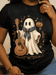 Retro Ghost Playing Guitar Halloween Graphic Short Sleeve T‑Shirt, Country Music Ghost With Bow Pumpkin Star Musical Notes Fall Spooky Casual Tee Top