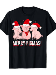 Merry Pigmas Funny Three Pigs Santa Hat Christmas Graphic Tee for Men Women, Cute Farm Animal Holiday Short Sleeve T-Shirt, Casual Crew Neck Top for Pig Lover Gift