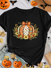Women's Plaid Patchwork Pumpkin Floral Graphic T-Shirt, Fall Autumn Short Sleeve Crew Neck Tee, Thanksgiving Harvest Top
