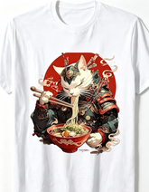 Japanese Ukiyo‑e Samurai Cat Graphic T‑Shirt, Retro Anime Ninja Cat Eating Ramen Bowl Unisex Short‑Sleeve Casual Tee