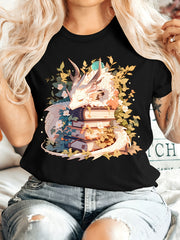 Fantasy Book Lover T-Shirt Dragon Sleeping On Stacked Books With Flowers Graphic Print Women's Tee