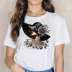 Women’s Elegant Lady with Black Wide‑Brim Hat Rose Diamond Jewelry Graphic T‑Shirt,Fashion Casual Women Clothing