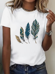 Women’s Plus Size Feather Graphic Short‑Sleeve T‑Shirt, Casual Round Neck Top for Spring Summer and Fall