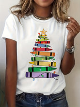 Festive Art Teacher Casual T‑Shirt, Color Crayon Stacked Christmas Tree With Holiday Lights Women’s Short Sleeve Graphic Tee