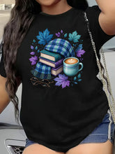 Cozy Fall Book Coffee Scarf Maple Leaf Graphic T‑Shirt, Autumn Reading Glasses Book Lover Casual Short Sleeve Tee