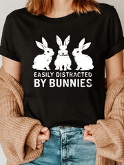 Rabbit Silhouette Letter Print Short Sleeve Tee Elegant Crew Neck Casual Top