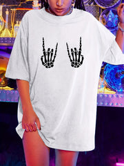 Skull Print Loose Short Sleeve Tee Summer Casual Crew Neck Fashion Top