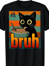 Funny Black Cat Eating Ramen Noodles Retro Striped Graphic Casual Crewneck T‑Shirt For Men Women