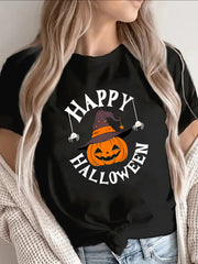 Halloween Pumpkin Witch Print Short Sleeve Tee Party Lightweight Durable Top