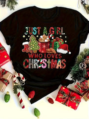 Women's Christmas Graphic Crew-Neck T-Shirt, Just a Girl Who Loves Christmas Print Short-Sleeve Tee, Festive Holiday Casual Top for Winter Women Clothing
