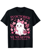 In October We Wear Pink Breast Cancer Awareness Ghost Pumpkin Graphic Tee for Men Women, Pink Ribbon Support Short Sleeve T-Shirt, Casual Crew Neck Top for Survivor Gift