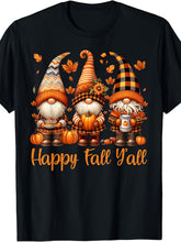 Happy Fall Y'all Three Autumn Gnomes Pumpkin Maple Leaf Graphic Casual Crewneck T‑Shirt Fall Harvest Top