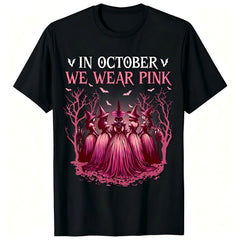 In October We Wear Pink Graphic T‑Shirt, Women Crew Neck Short Sleeve Cotton Tee, Witch Coven Bat Halloween Print, Breast Cancer Awareness Casual Top for Women