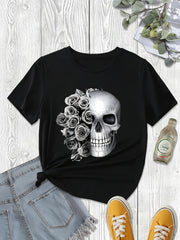 Skull Print Casual Short Sleeve Tee Unisex Crew Neck Versatile Top