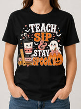Teach Sip And Stay Spooky Teacher Graphic Tee for Women, Halloween Teacher Coffee Shirt,Women Tshirts
