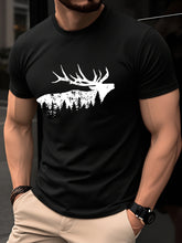 Men Elk Deer Forest Silhouette Graphic T?Shirt, 100% Cotton Crew Neck Short Sleeve, Nature Wildlife Outdoor Inspired Casual Summer Tee Top