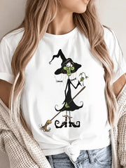 Green Witch Broom Cat Print Tee Cartoon Halloween Crew Neck Casual Party Top