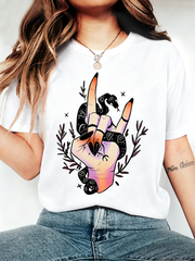 Women's Witchy Hand Snake Floral Graphic T‑Shirt Retro Spooky Fall Short Sleeve Casual Tee