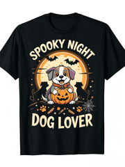Spooky Night Dog Lover T-Shirt Halloween Pumpkin Puppy Bat Moon Graphic Tee