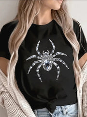 Glitter Spider Print Short Sleeve Tee Halloween Lightweight Durable Top
