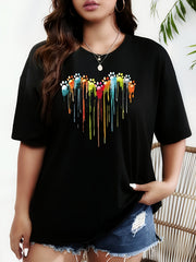 Women’s Crew Neck T-Shirt, Short Sleeve Casual Colorful Heart Paw Print Casual Top Women Clothing