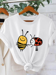 Bee Ladybug Holding Hands Print Short Sleeve Tee Cartoon Crew Neck Top