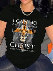 I Can Do All Things Through Christ Who Strengthens Me Lion Cross Graphic T?Shirt for Women, Cotton Crew Neck Short Sleeve, Bible Verse Christian Faith Casual Tee Top