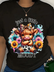 Just A Little Moody Cute Attitude Highland Cow Sunflowers T-Shirt, Seasonal Fashion, Retro Design, Comfortable Fit, Short Sleeve Shirt, Gift Shoppers, Holiday Shoppers